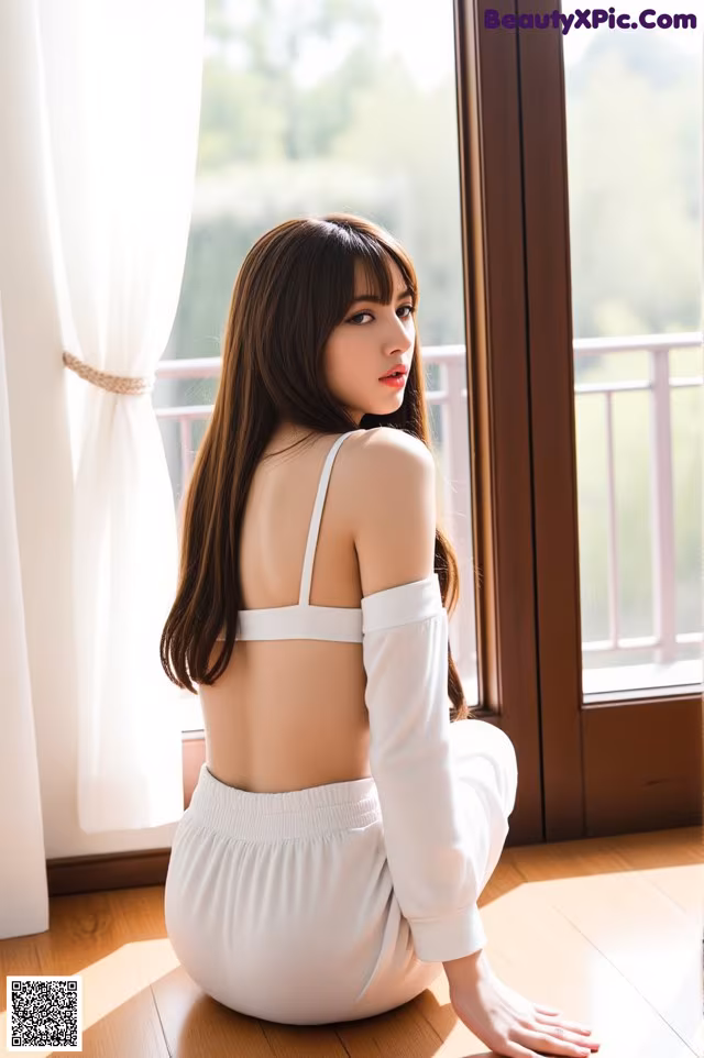 A woman sitting on the floor in front of a window.